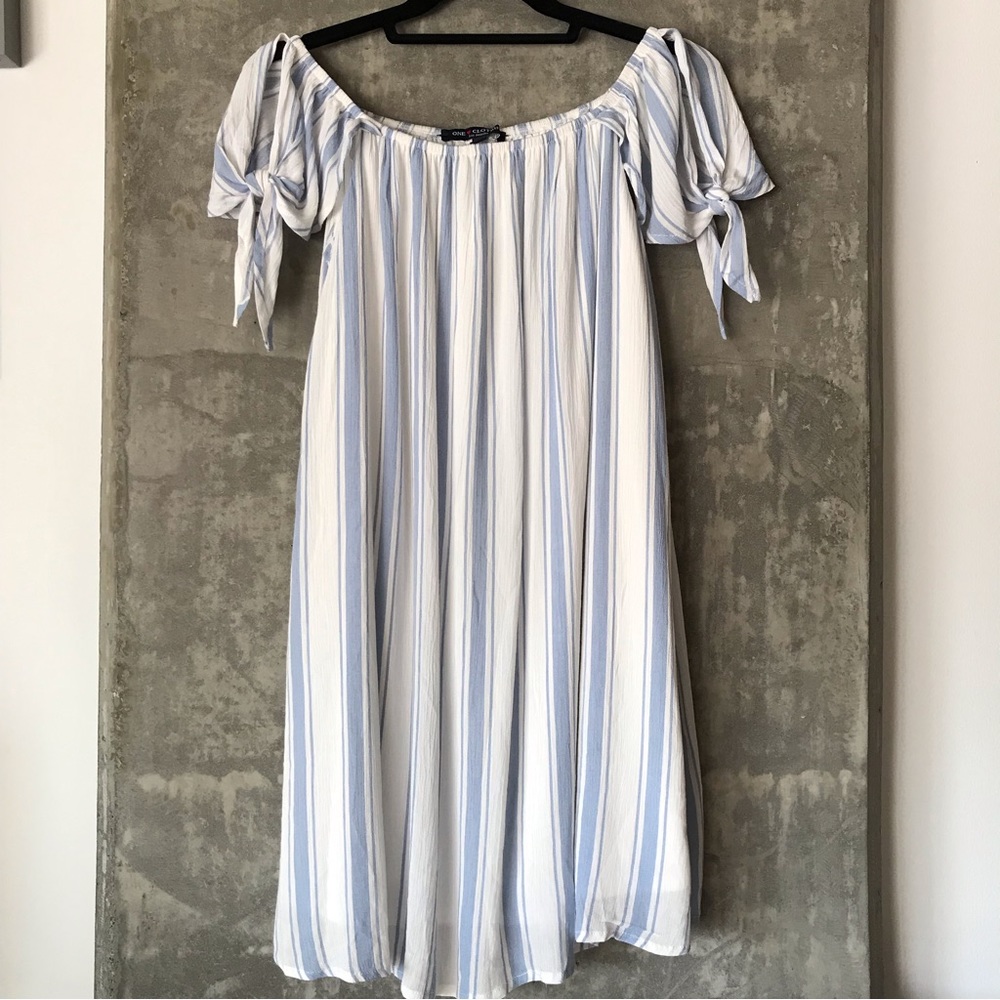 Blue & White Striped Dress with Sleeve Tie L